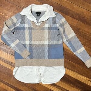 Plaid V-Neck Layered Collared Shirt Sweater Top